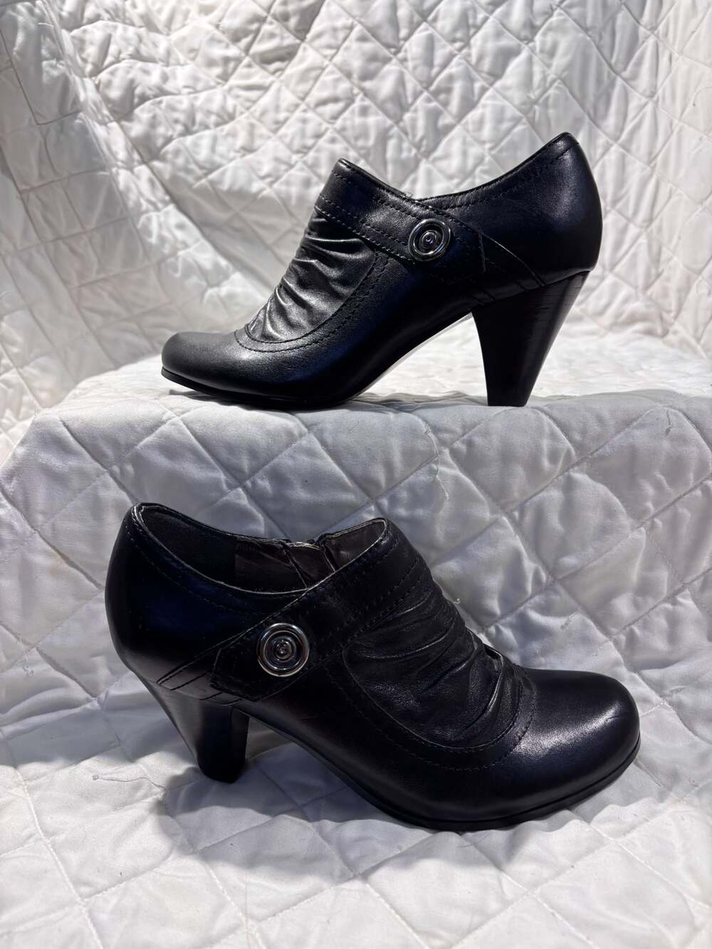 Maripe Black Leather Ruched Ankle Boots with Button Detail